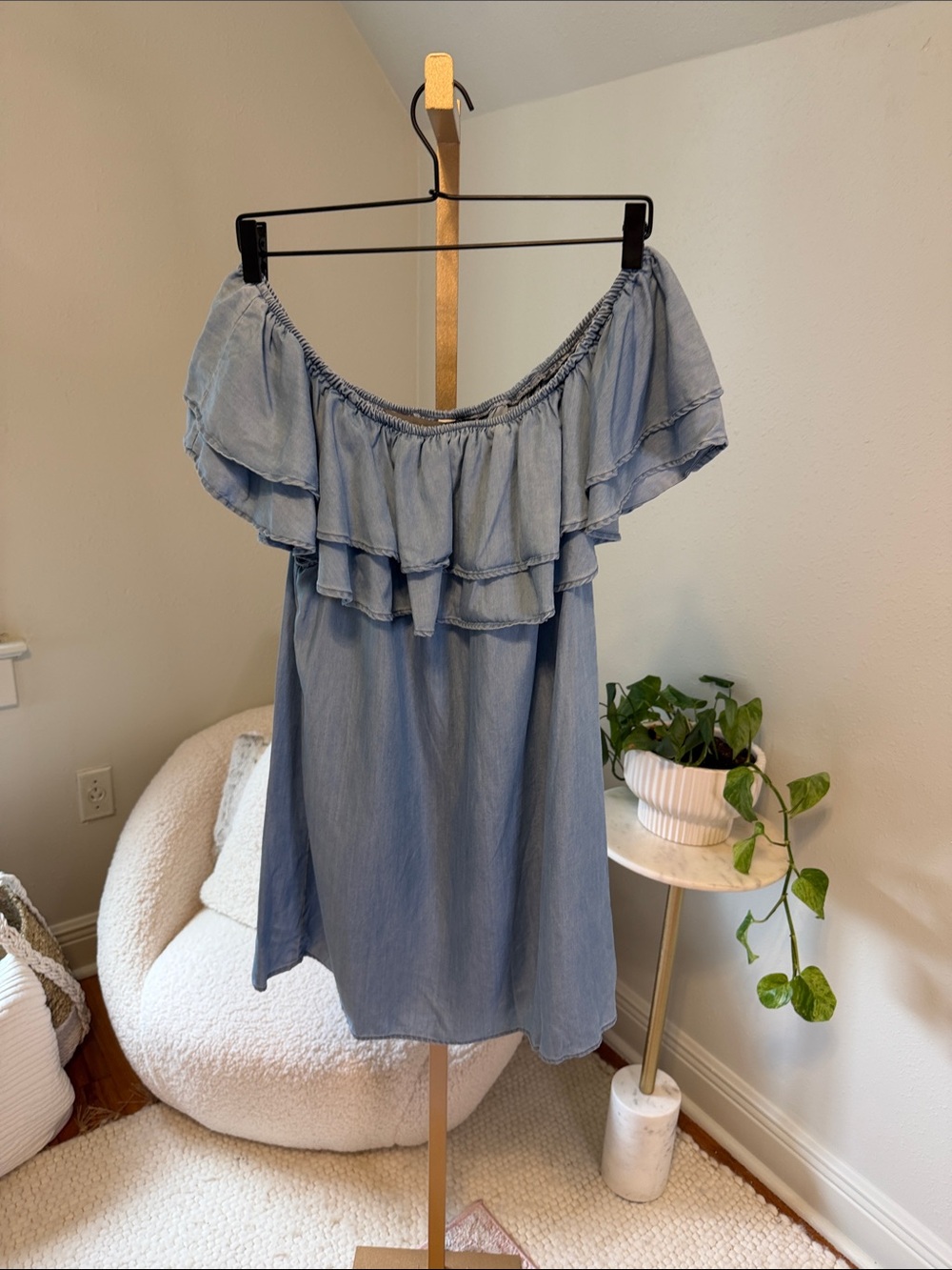 Off-Shoulder Light Blue Chambray Midi Dress